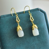 A Pair of Exquisite Sterling Silver-Gold Plated Inlaid White Jade Earrings