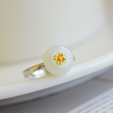 Exquisite Sterling Silver-Gold Plated Inlaid White Jade Ring