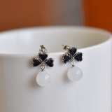 A Pair of Exquisite Sterling Silver Inlaid White Jade Earrings
