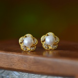 A Pair of Exquisite Sterling Silver-Gold Plated Inlaid Pearl Earrings