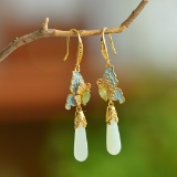 A Pair of Exquisite Sterling Silver-Gold Plated Inlaid White Jade Earrings