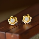 A Pair of Exquisite Sterling Silver-Gold Plated Inlaid White Jade Earrings