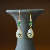 A Pair of Exquisite Sterling Silver-Gold Plated Inlaid White Jade Earrings