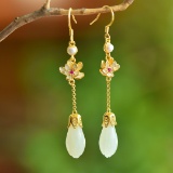 A Pair of Exquisite Sterling Silver-Gold Plated Inlaid White Jade Earrings