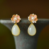 A Pair of Exquisite Sterling Silver-Gold Plated Inlaid White Jade Earrings