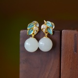 A Pair of Exquisite Sterling Silver-Gold Plated Inlaid White Jade Earrings