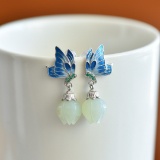 A Pair of Exquisite Sterling Silver Inlaid Jade Earrings