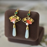 A Pair of Exquisite Sterling Silver-Gold Plated Inlaid White Jade Earrings