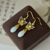 A Pair of Exquisite Sterling Silver-Gold Plated Inlaid White Jade Earrings