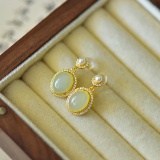 A Pair of Exquisite Sterling Silver-Gold Plated Inlaid White Jade Earrings