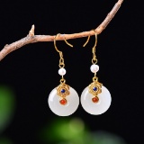 Exquisite Sterling Silver-Gold Plated Inlaid White Jade Earrings