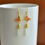 A Pair of Exquisite Sterling Silver-Gold Plated Inlaid White Jade Earrings