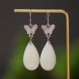 Exquisite Sterling Silver Inlaid White Jade Earrings