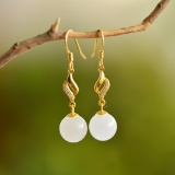 A Pair of Exquisite Sterling Silver-Gold Plated Inlaid White Jade Earrings