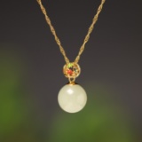 Exquisite Sterling Silver-Gold Plated Inlaid White Jade Pendant