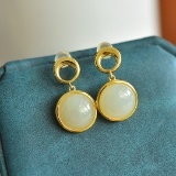 A Pair of Exquisite Sterling Silver-Gold Plated Inlaid White Jade Earrings
