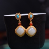 Exquisite Sterling Silver-Gold Plated Inlaid White Jade Earrings