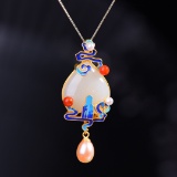 Exquisite Sterling Silver-Gold Plated Inlaid White Jade Pendant
