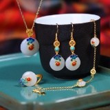 Exquisite Sterling Silver-Gold Plated Inlaid White Jade Jewelry Set
