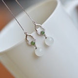A Pair of Exquisite Sterling Silver Inlaid White Jade Earrings
