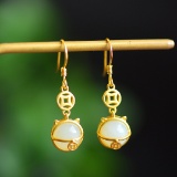 A Pair of Exquisite Sterling Silver-Gold Plated Inlaid White Jade Earrings