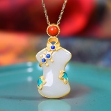 Exquisite Sterling Silver-Gold Plated Inlaid White Jade Pendant
