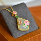 Exquisite Sterling Silver-Gold Plated Inlaid White Jade Pendant