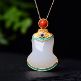 Exquisite Sterling Silver-Gold Plated Inlaid White Jade Pendant