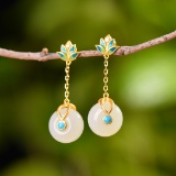 Exquisite Sterling Silver-Gold Plated Inlaid White Jade Earrings