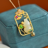 Exquisite Sterling Silver-Gold Plated Inlaid White Jade Pendant