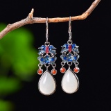 Exquisite Sterling Silver Inlaid White Jade Earrings