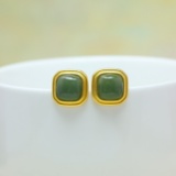 Exquisite Sterling Silver-Gold Plated Inlaid White Jade Earrings
