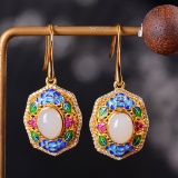 Exquisite Sterling Silver-Gold Plated Inlaid White Jade Earrings