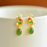 A Pair of Exquisite Sterling Silver-Gold Plated Inlaid Jasper Earrings