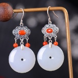 Exquisite Sterling Silver Inlaid White Jade Earrings
