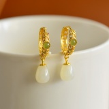 A Pair of Exquisite Sterling Silver-Gold Plated Inlaid White Jade Earrings