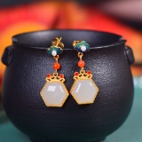 Exquisite Sterling Silver-Gold Plated Inlaid White Jade Earrings