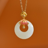Exquisite Sterling Silver-Gold Plated Inlaid White Jade Pendant