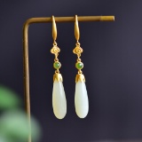 Exquisite Sterling Silver-Gold Plated Inlaid White Jade Earrings