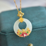 Exquisite Sterling Silver-Gold Plated Inlaid White Jade Pendant