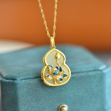 An Exquisite Sterling Silver-Gold Plated Inlaid White Jade Pendant