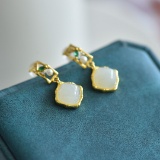 A Pair of Exquisite Sterling Silver-Gold Plated Inlaid White Jade Earrings