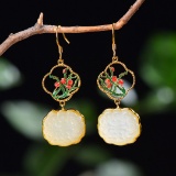 Exquisite Sterling Silver-Gold Plated Inlaid White Jade Earrings