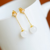 A Pair of Exquisite Sterling Silver-Gold Plated Inlaid White Jade Earrings