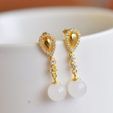 A Pair of Exquisite Sterling Silver-Gold Plated Inlaid White Jade Earrings