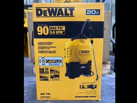 Unused DeWalt 20V 4 Gallon 90psi Backpack Sprayer, includes Battery and Charger