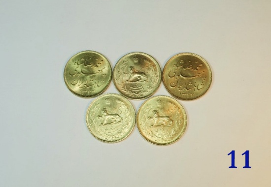 Lot of (5) Iran Gold 1-Pahlavi Coins (1941-45)