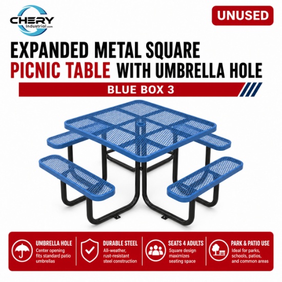 Unused Expanded metal square picnic table with umbrella hole Blue Box