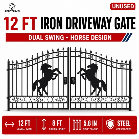 Unused 12ft iron gate. artwork horse in the Middle with Paper Edge Protector