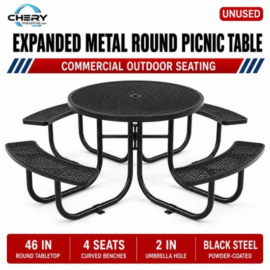 Unused Expanded metal round picnic table with umbrella hole Black